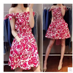 TE6693 Vintage totem print boat neck off shoulder bowknot dress