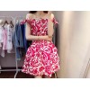 TE6693 Vintage totem print boat neck off shoulder bowknot dress