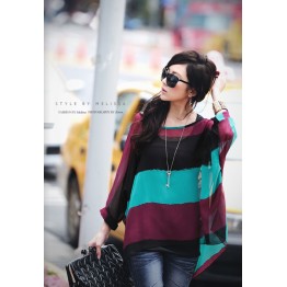 TE6050BLKColorful stripes batwing chiffon tops with vest two pieces