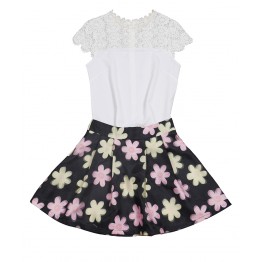 TE9028MH Summer fashion lace splicing chiffon short sleeve shirt with print skirt