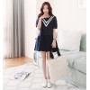 TE1544YJWL Preppy style V stripes round neck contract color dress