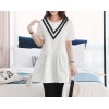 TE1544YJWL Preppy style V stripes round neck contract color dress