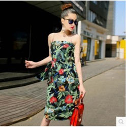 TE9292YBF Flowers print slim waist tube top dress