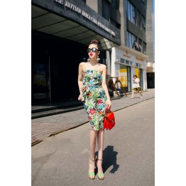 TE9292YBF Flowers print slim waist tube top dress