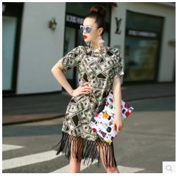 TE9297YBF Fashion sexy print round neck tassel dress