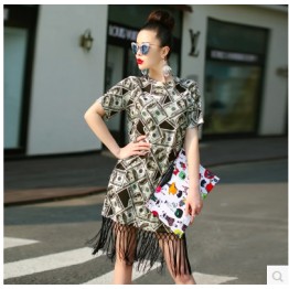 TE9297YBF Fashion sexy print round neck tassel dress