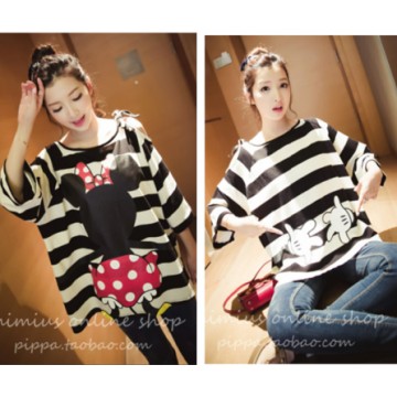 TE9898 Korean fashion cartoon print off shoulder stripes T-shirt