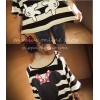 TE9898 Korean fashion cartoon print off shoulder stripes T-shirt