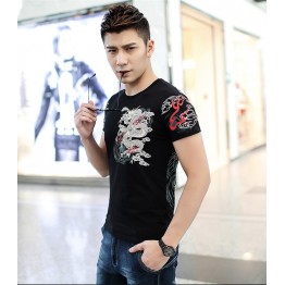 TE9120KDF Chinese style rhinestone dragon pattern mens t-shirt