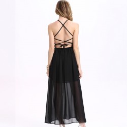 TE2098OMSS Europe fashion sexy backless lacing halter chiffon maxi dress