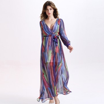 TE2137OMSS Europe fashion colorful stripes imitation silk long sleeve lacing dress