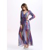 TE2137OMSS Europe fashion colorful stripes imitation silk long sleeve lacing dress