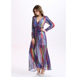 TE2137OMSS Europe fashion colorful stripes imitation silk long sleeve lacing dress