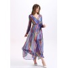 TE2137OMSS Europe fashion colorful stripes imitation silk long sleeve lacing dress