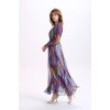TE2137OMSS Europe fashion colorful stripes imitation silk long sleeve lacing dress