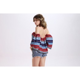 TE2154OMSS Europe fashion boat neck boob tube top flouncing stripes print tops