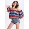 TE2154OMSS Europe fashion boat neck boob tube top flouncing stripes print tops