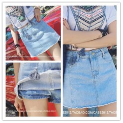 TE5123DDFS Summer pure color rough edge A-line denim pantskirt