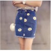 TE5126DDFS Joker slim flowers embroidery empire waist tight hip denim skirt