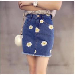 TE5126DDFS Joker slim flowers embroidery empire waist tight hip denim skirt