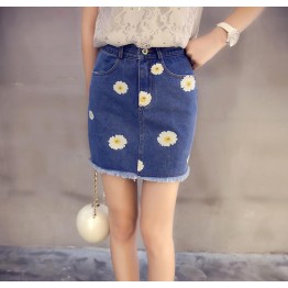 TE5126DDFS Joker slim flowers embroidery empire waist tight hip denim skirt