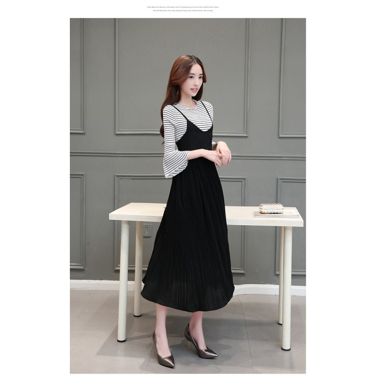 TE8815JDYJ Korean fashion joker sweet stripes t shirt with suspender dress