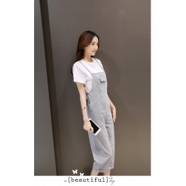 TE8821JDYJ Korean fashion casual fresh white t-shirt with stripes suspender pants