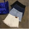 TE1248DXE Slim empire waist tassel denim shorts