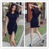 TE6425YZS Buttons v neck slim waist side slit tight hip dress