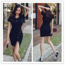 TE6425YZS Buttons v neck slim waist side slit tight hip dress