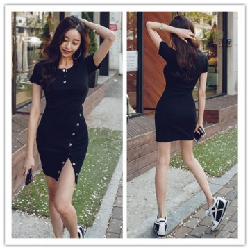 TE6425YZS Buttons v neck slim waist side slit tight hip dress