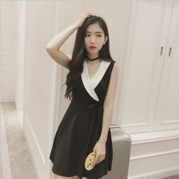 TE8896YGFS Korean fashion sleeveless color matching v neck slim waist bowknot dress