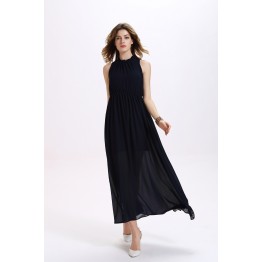 TE2141OMSS Europe fashion lace collar backless lacing elastic waist chiffon long dress