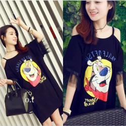 TE5763JZYS Cute cartoon print letters lace sexy off shoulder t-shirt