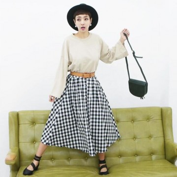 TE6404YZS Black and white checks vintage elegant A-line umbrella skirt