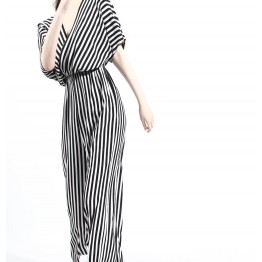 TE6410YZS Europe fashion black and white stripes backless empire waist jumpsuit