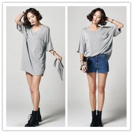 TE6412YZS Korean style simple loose batwing sleeve V neck t-shirt