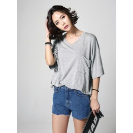 TE6412YZS Korean style simple loose batwing sleeve V neck t-shirt