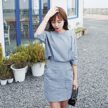 TE6515WJYS Vintage temperament slim waist pocket vertical stripes dress