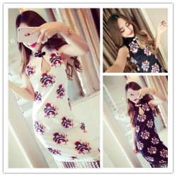 TE1077YYG Vintage print tassel cheongsam dress