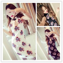 TE1077YYG Vintage print tassel cheongsam dress