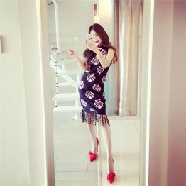 TE1077YYG Vintage print tassel cheongsam dress