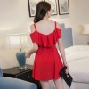 TE7013WMSS Korean style flouncing collar wide hem off shoulder gallus dress