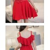 TE7013WMSS Korean style flouncing collar wide hem off shoulder gallus dress