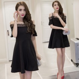 TE7018WMSS Korean style hollow out lace boat neck off shoulder flouncing sleeve dress