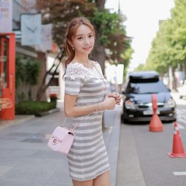 TE9929WJYS Korean fashion lace neckline splicing stripes dress