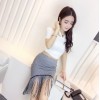 TE6552YZL Fashion multi-way wear modal tops with houndstooth tassel skirt