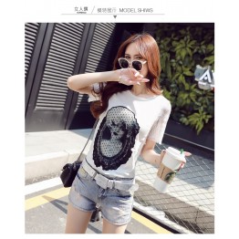 TE8108NRQ Korean style lace back simple embroidery mesh beauty pattern t-shirt