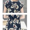 TE8822DDLY Korean style ramie cotton print drawstring waist short sleeve dress