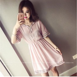 TE8891HYJ Plus size v neck national style embroidery slim waist dress